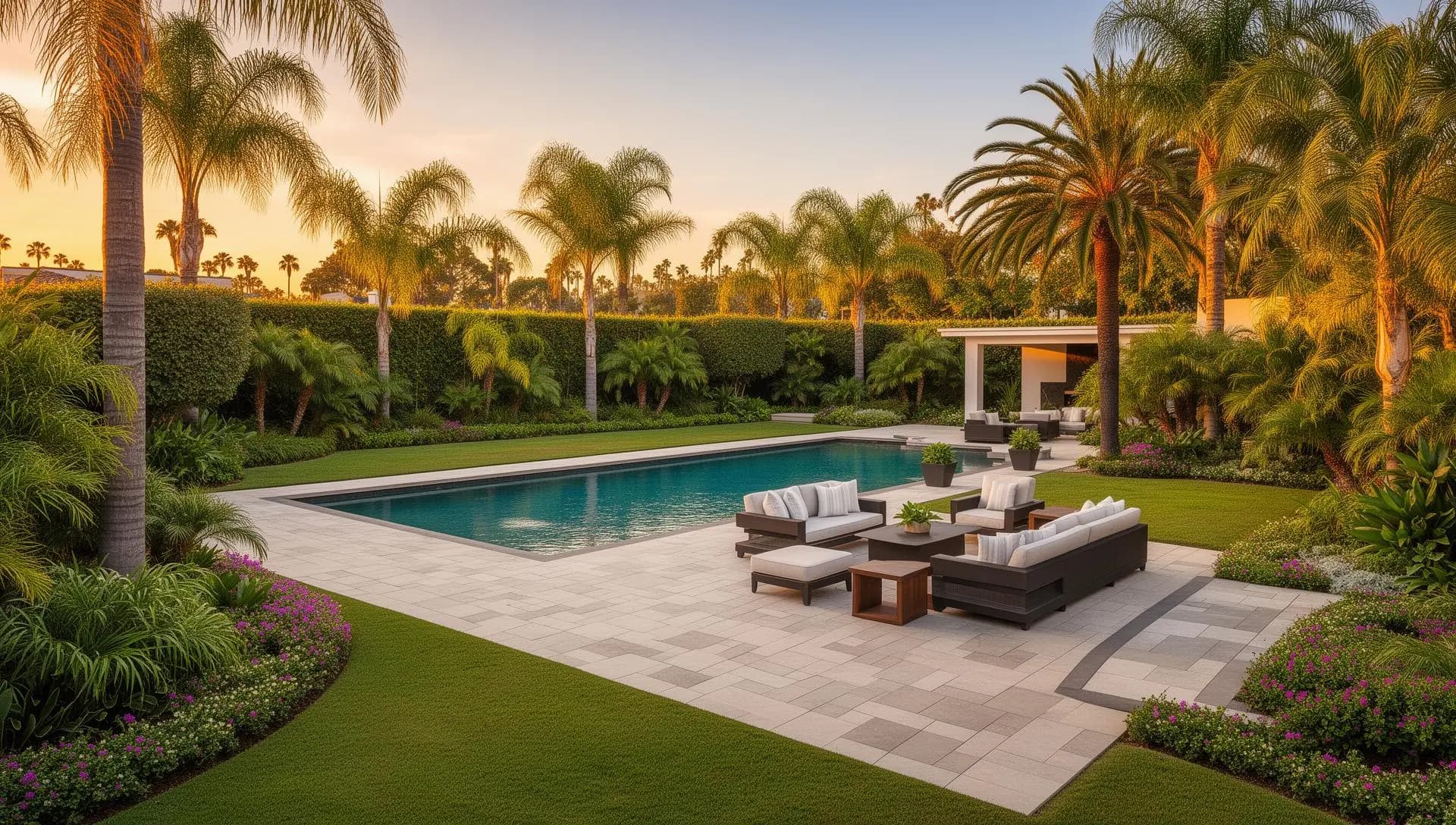Custom Orange County backyard with pool, patio and landscaping by Tulip Landcare
